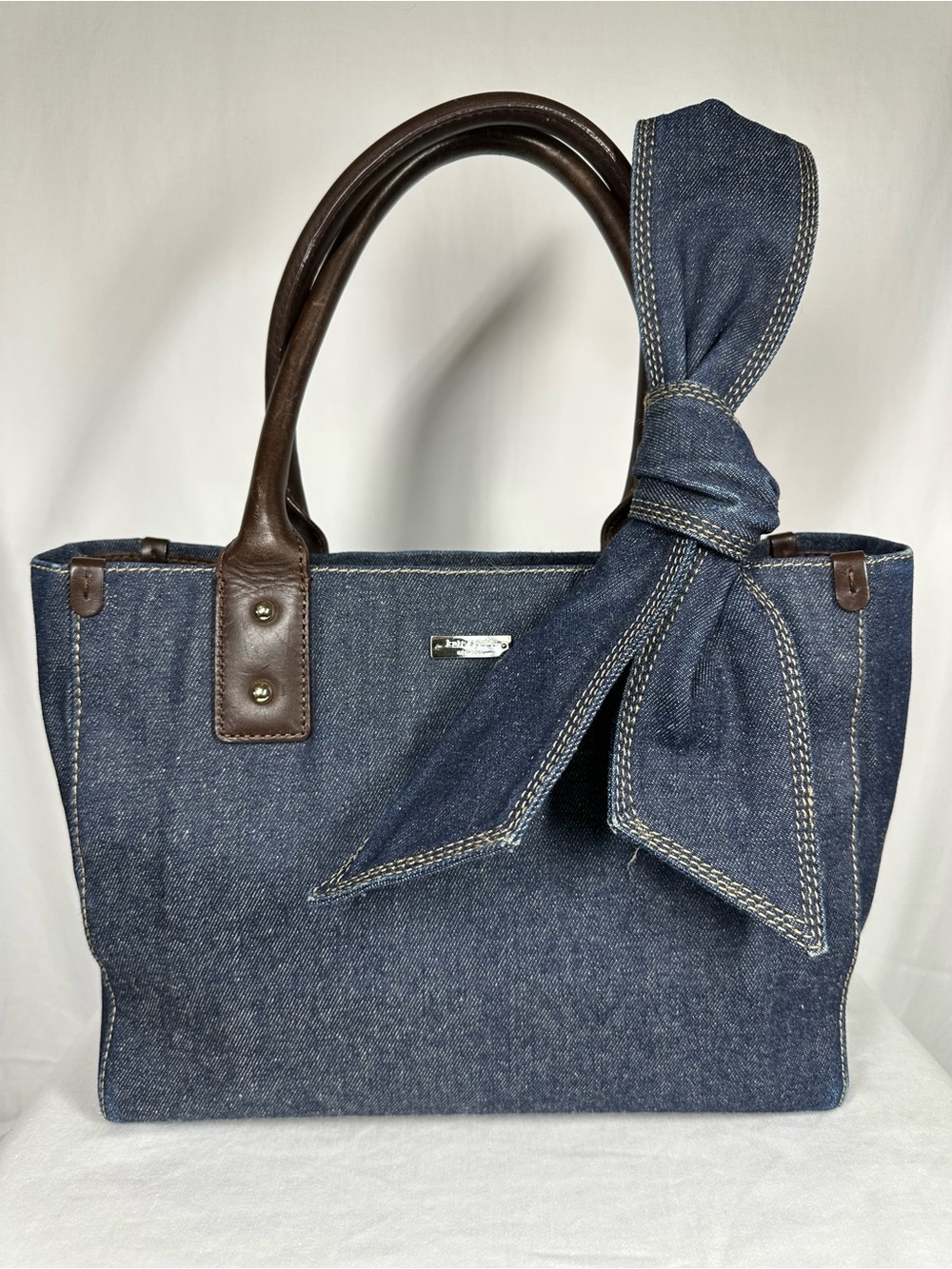 kate spade Dungarees Quinn Denim Tote with Brown Leather Trim and Bow